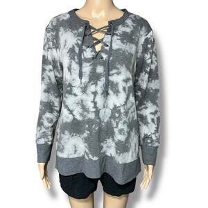 A&I Womens Sweatshirt Tunic Lace Up V Neck Tie Dye Pullover Gray Medium